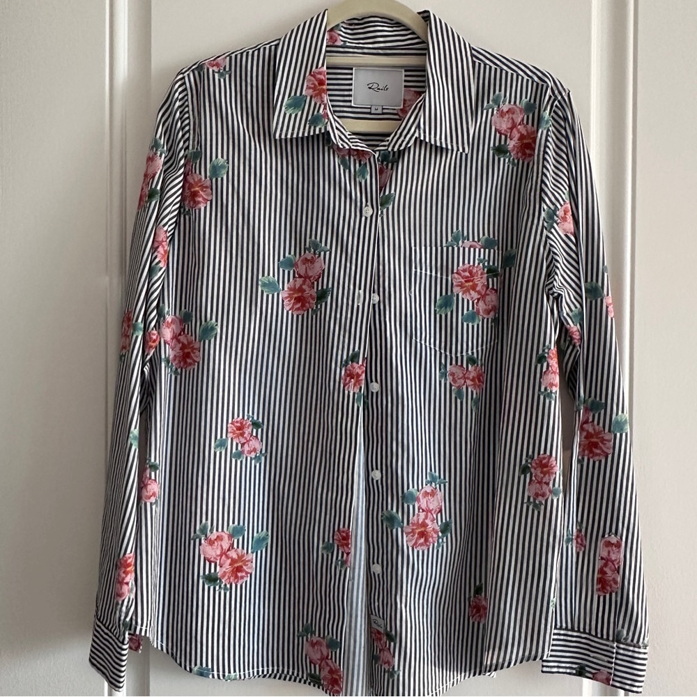 Rails Blue and White Striped Shirt with Pink Floral Accents